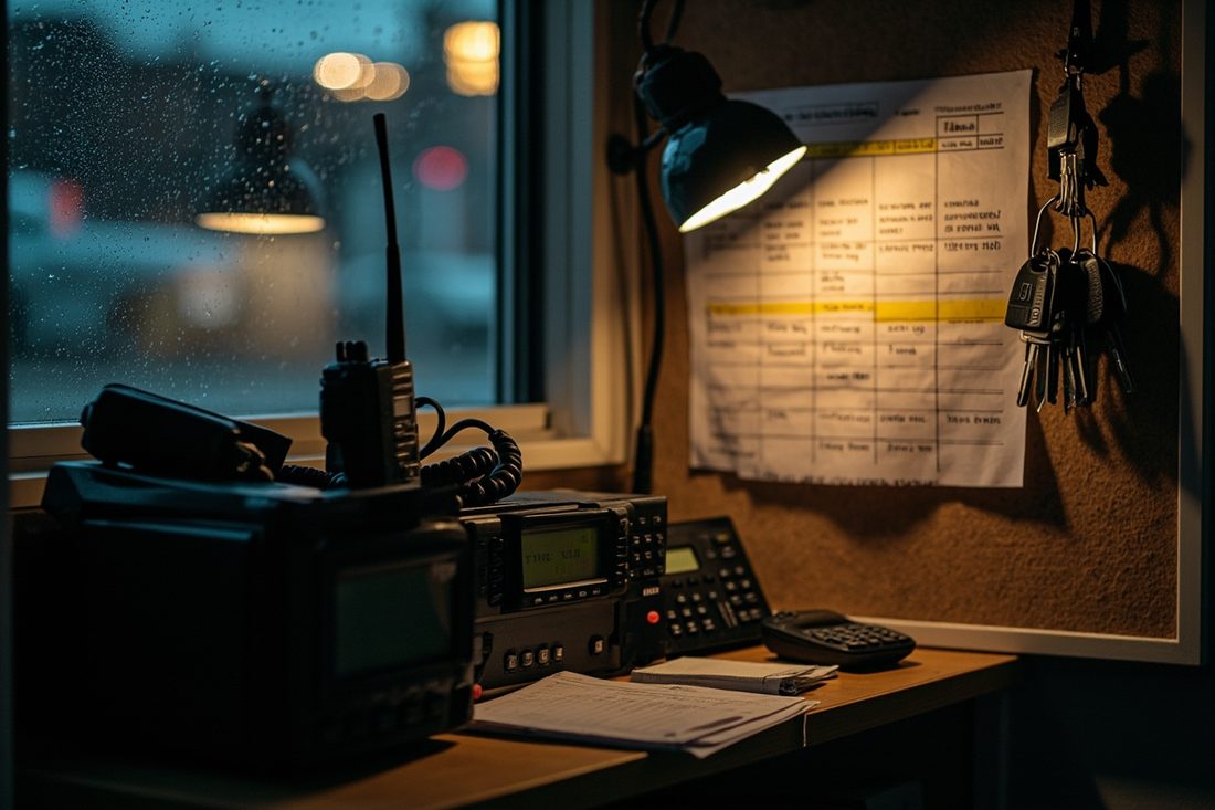 A small taxi dispatch office at dusk, with a radio set on the desk, a weekly shift rota pinned to a corkboard under a lamp, car keys on a hook and rain on the window.