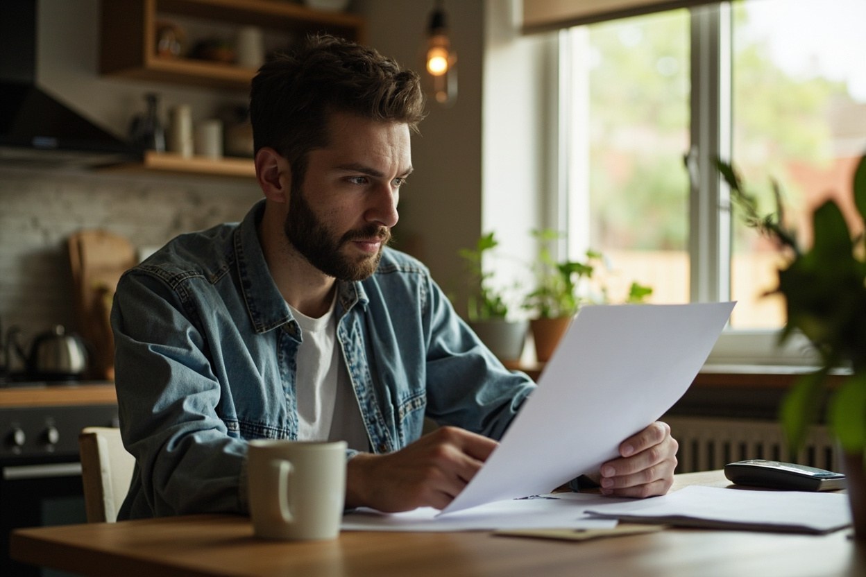 Worker reading a printed document at a kitchen table beside a mug of tea, soft window light falling across a domestic interior scene