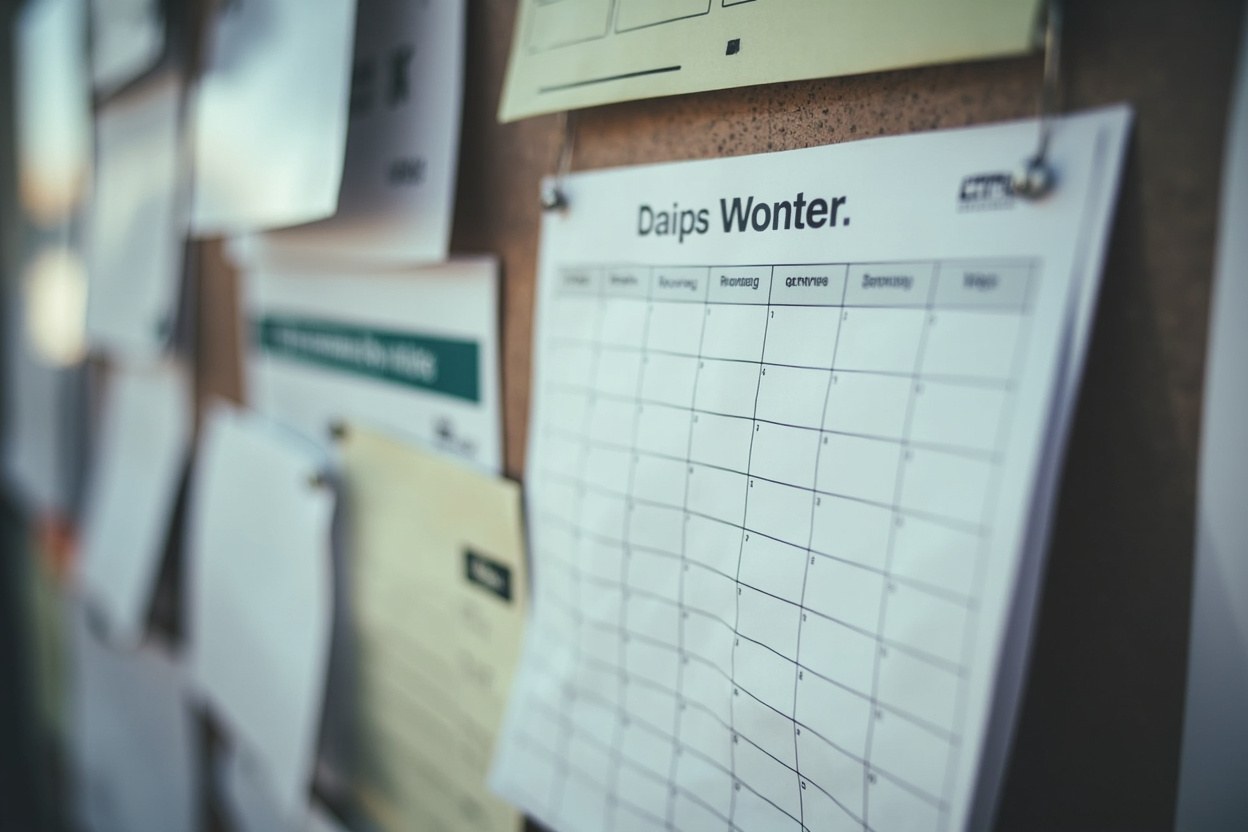 Close view of a printed weekly shift roster pinned to a staff noticeboard in daylight