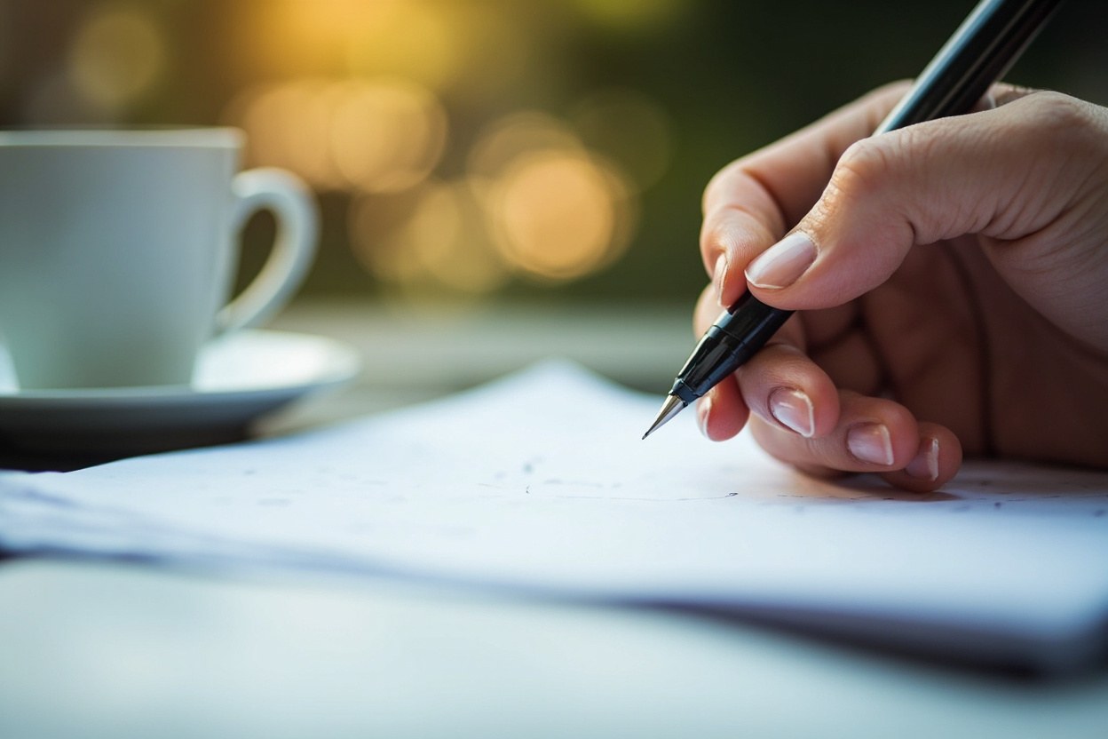 A close up of a hand holding a pen over a blank page beside a coffee mug, afternoon daylight.