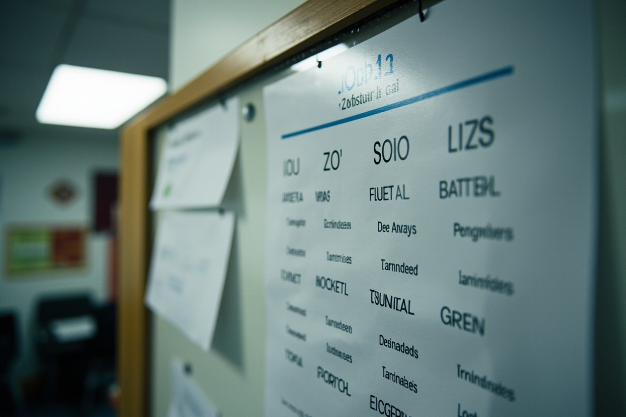 A printed weekly shift pattern pinned to a noticeboard in a staffroom, fluorescent light overhead.