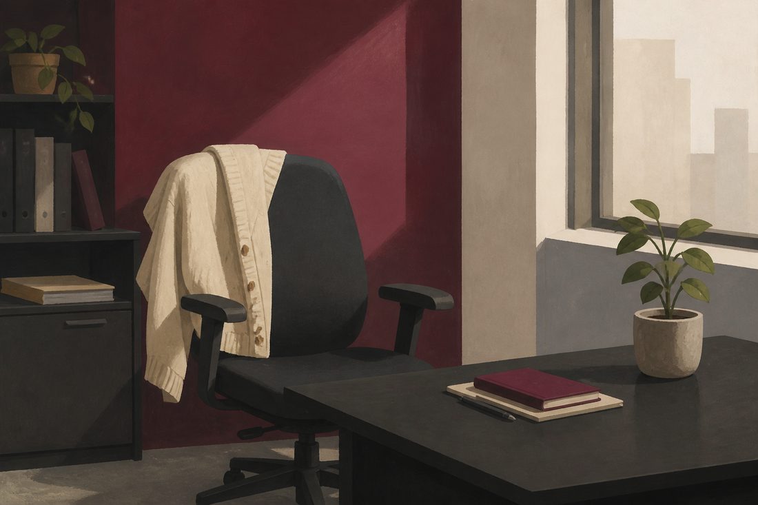 An empty office chair with a folded cardigan over the back and a small plant on the desk.
