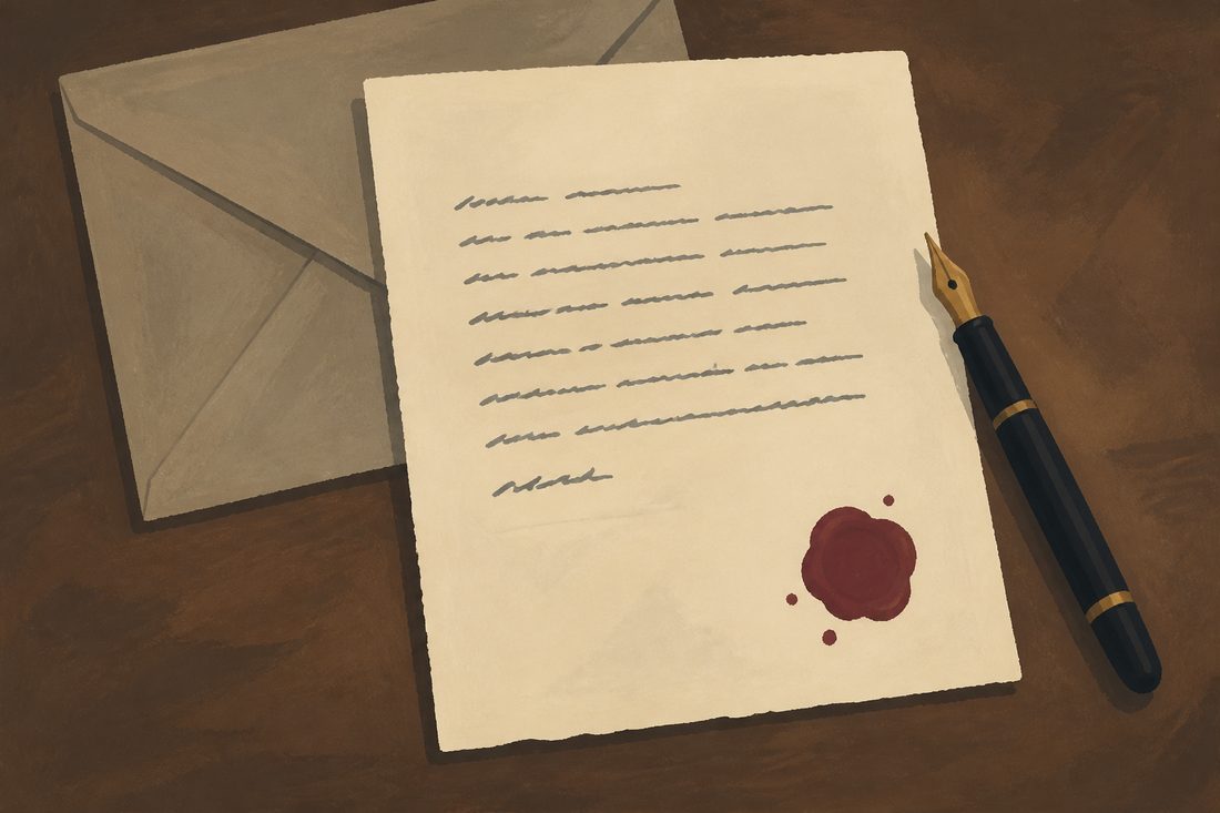 A short typed letter on cream paper with a burgundy stamp blot and a fountain pen.