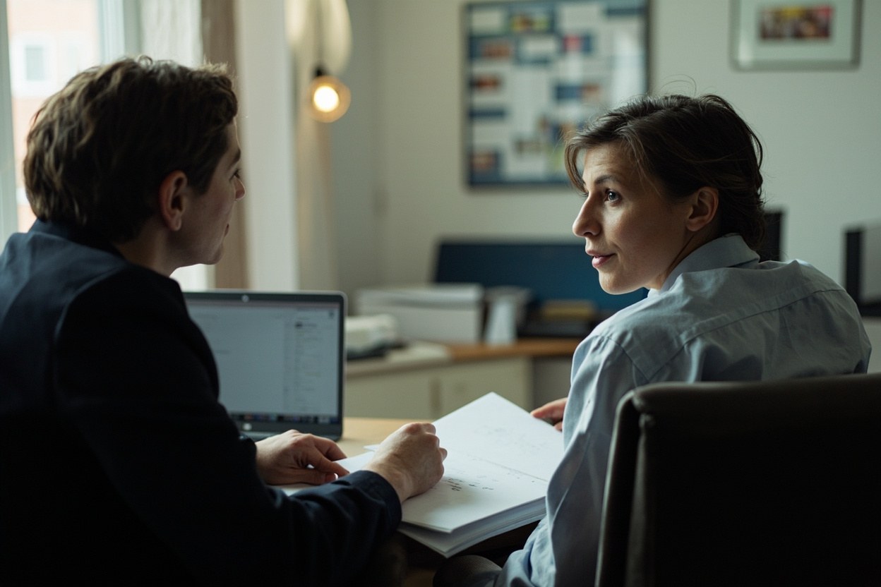 Two colleagues in conversation in a quiet office with a shared notebook open on a chair between them