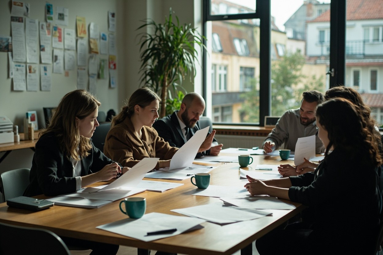 Small group of office workers seated around a meeting table looking at printed documents in daylight