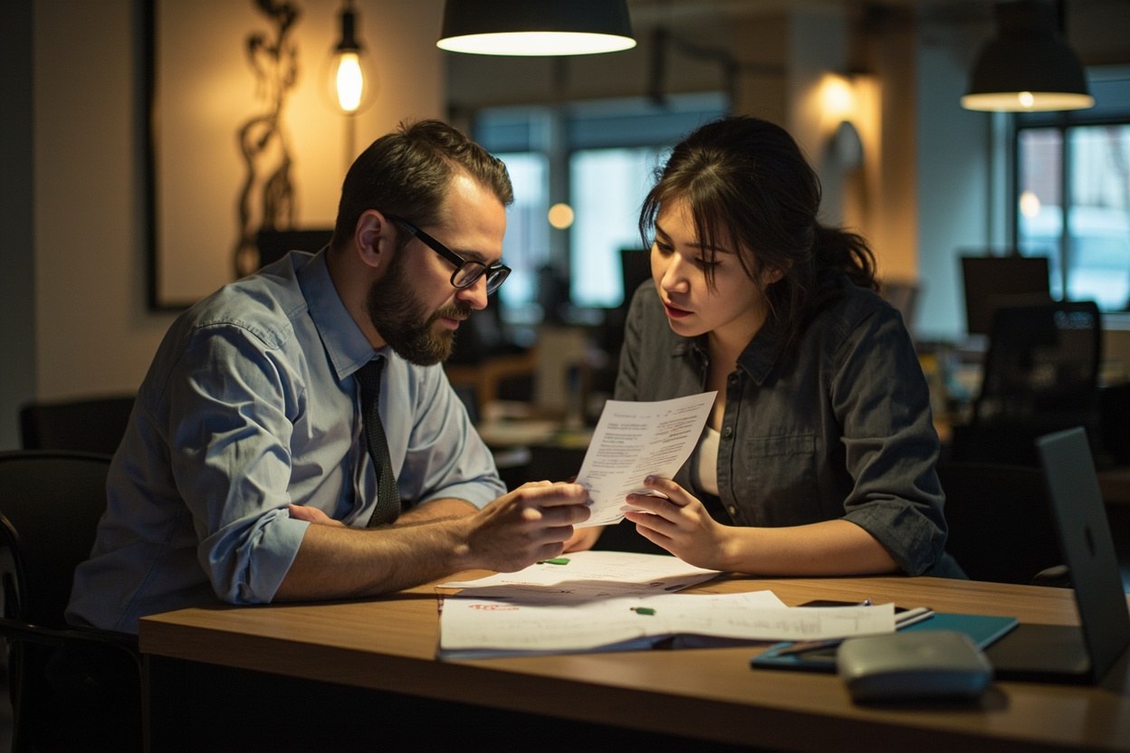 Two colleagues at a small office table reviewing a printed document under warm overhead lighting
