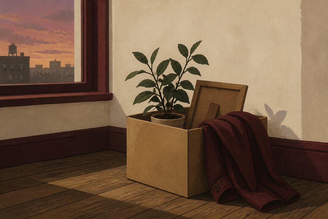 A small cardboard box on a wooden floor with a plant and a coat.