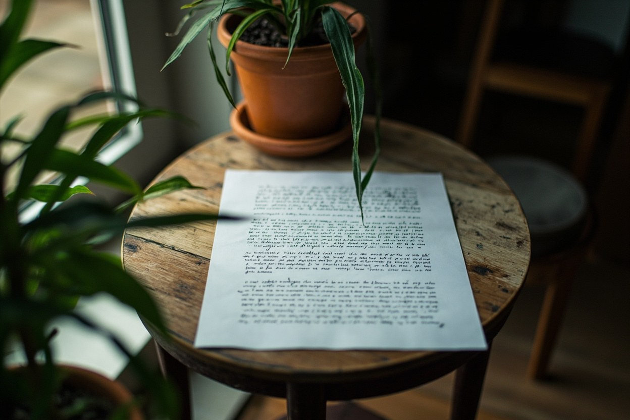 A handwritten page on a hallway side table beside a houseplant, afternoon light from a nearby window.