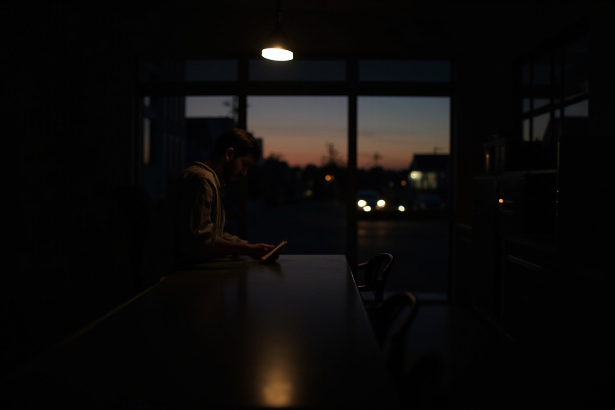 A person turning off a phone on a kitchen counter at nightfall, the room softly lit by a single pendant lamp, the street outside quiet under a low sky.