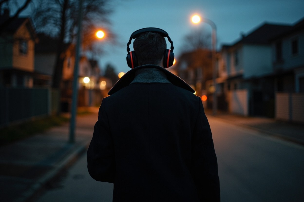 A worker walking home through a residential street after dark, coat collar up, headphones in, the office lights visible behind a frosted window in the distance.
