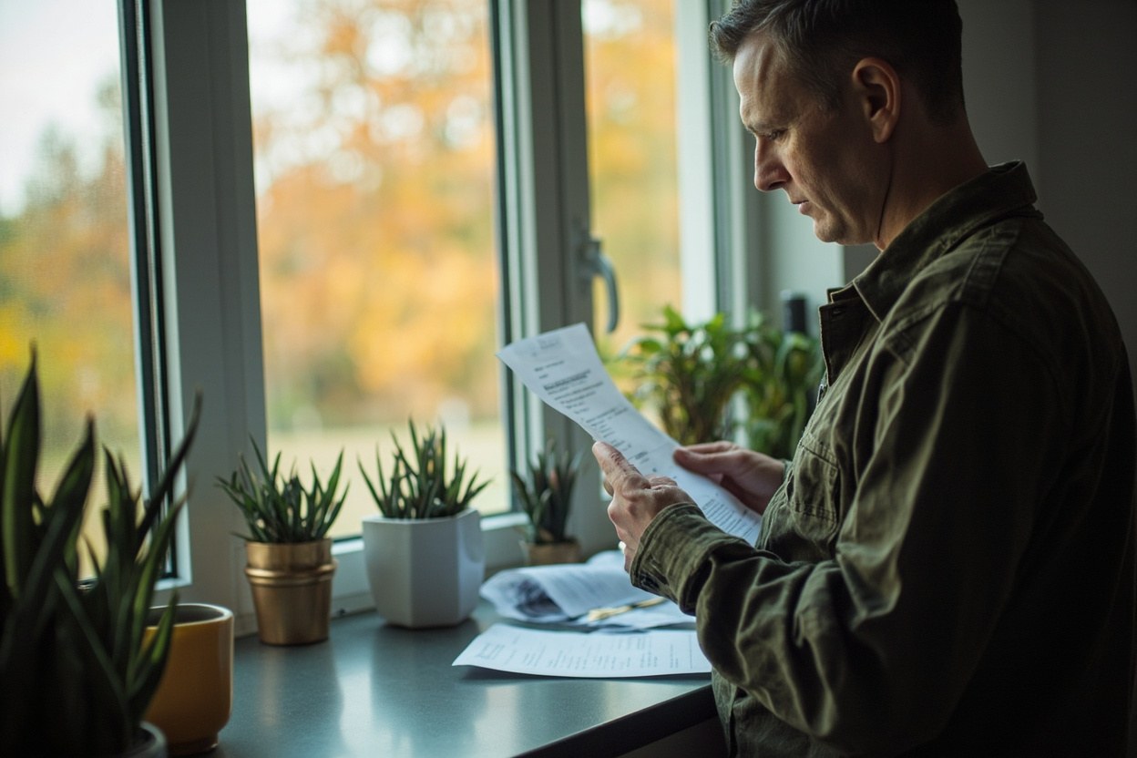 A worker reviewing a paper payslip at a kitchen window in soft daylight.
