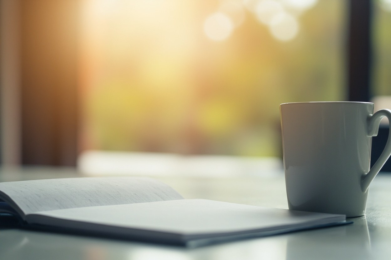 An open notebook beside a coffee mug on a kitchen counter, with morning streetlight coming through the glass.