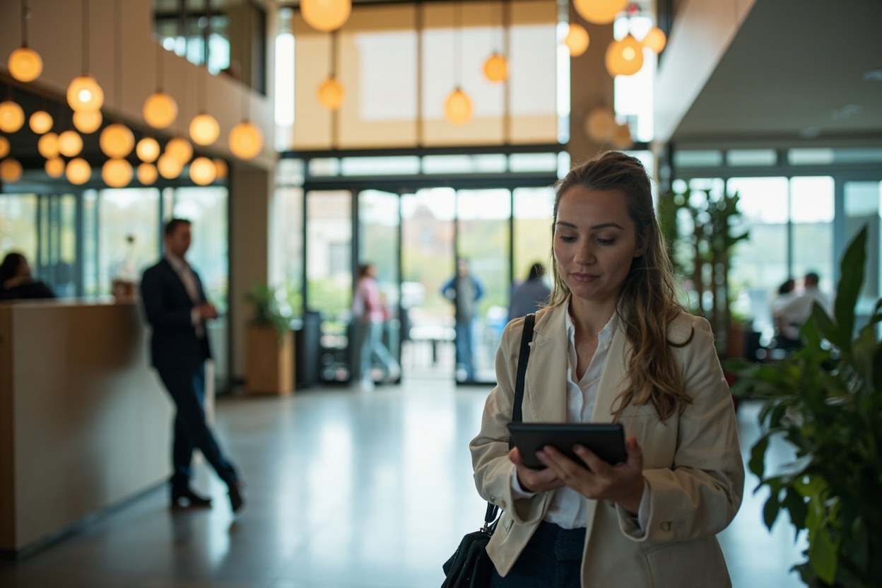 A receptionist in a bright office lobby holding a tablet while a visitor waits nearby in soft daylight