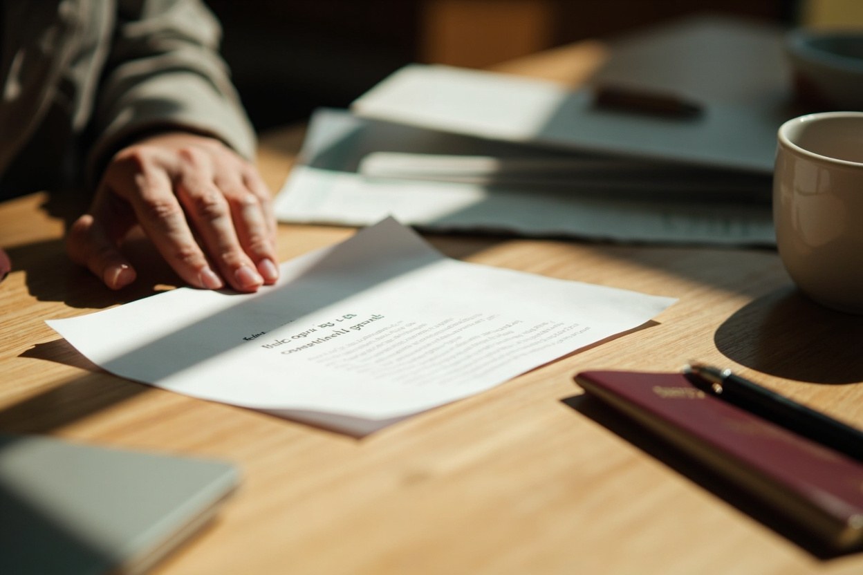 A close up of hands holding a printed letter near a passport on a sunlit kitchen table top with daylight streaming across the surface