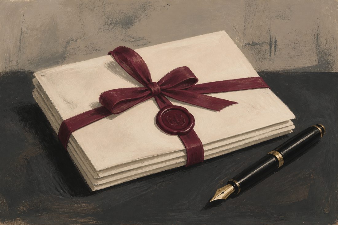 A folded legal letter with a burgundy ribbon and wax seal beside a fountain pen.