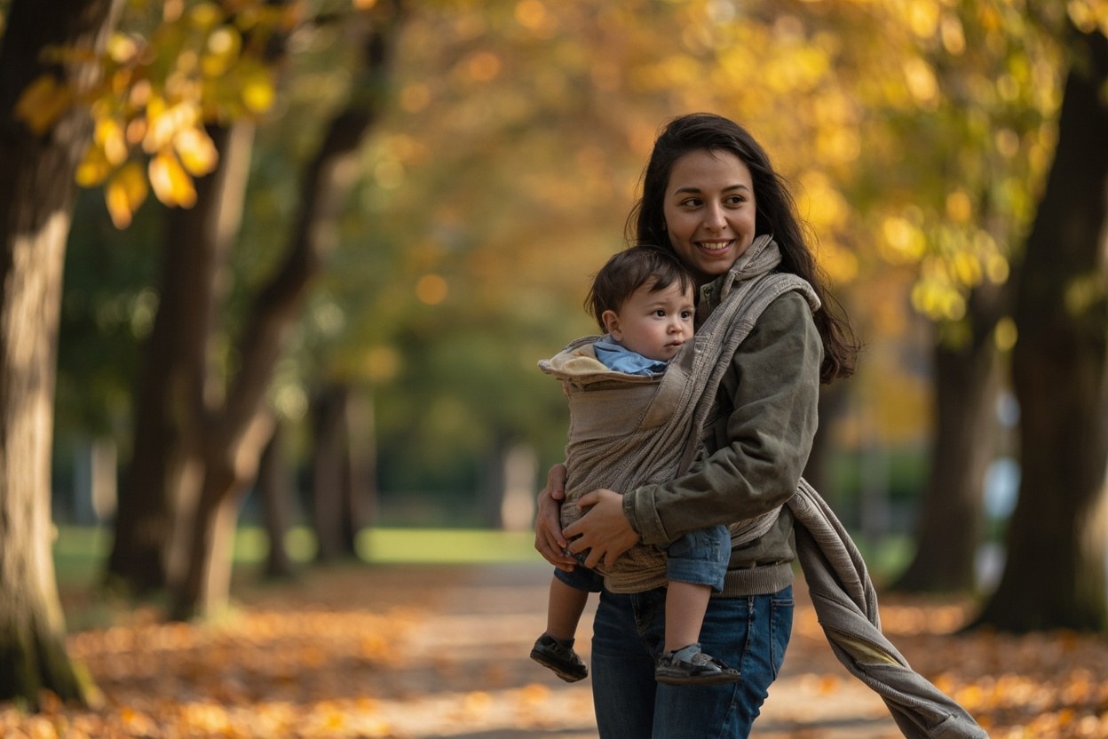 A parent carrying a child in a sling walks through a leafy park in soft autumn daylight