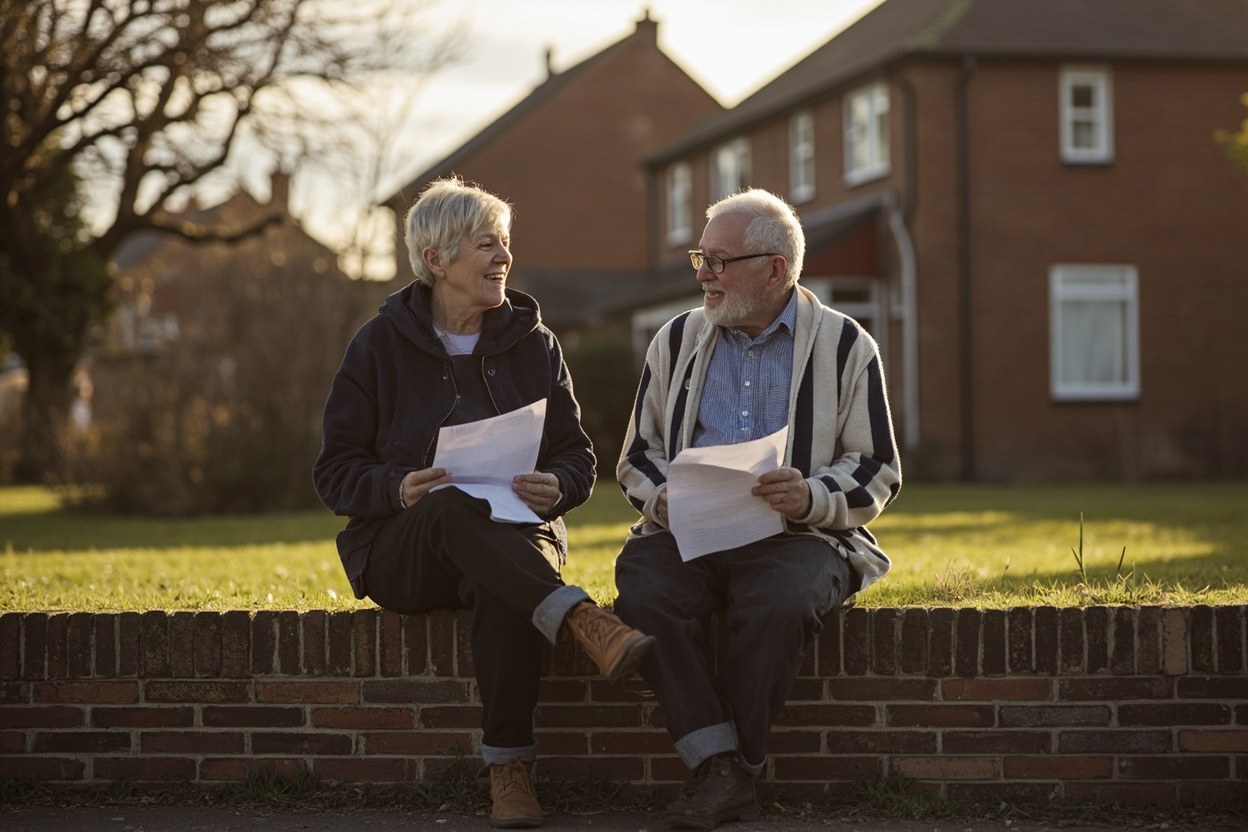 Two parents sit on a low wall outside a brick nursery, both holding paperwork, in morning daylight