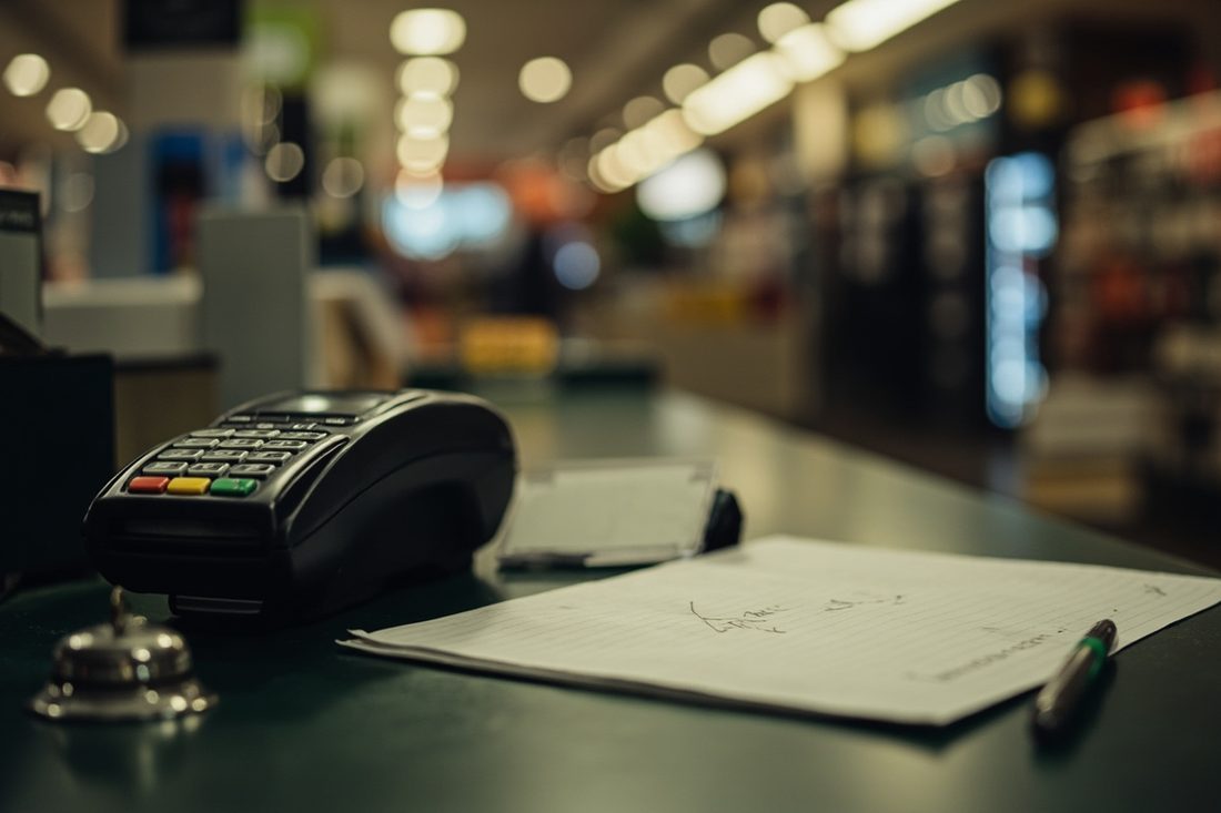 An empty shop counter at closing time with a card terminal, a service bell, a blank name badge and a handwritten note.