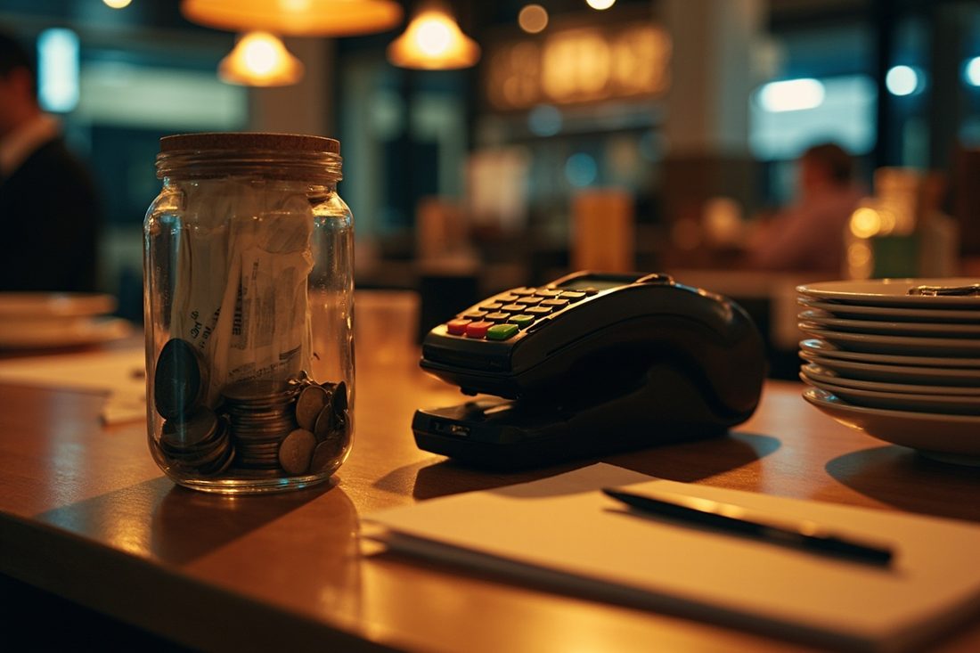A glass jar of folded banknotes and coins beside a card payment terminal and a notebook on a restaurant counter at the end of an evening shift