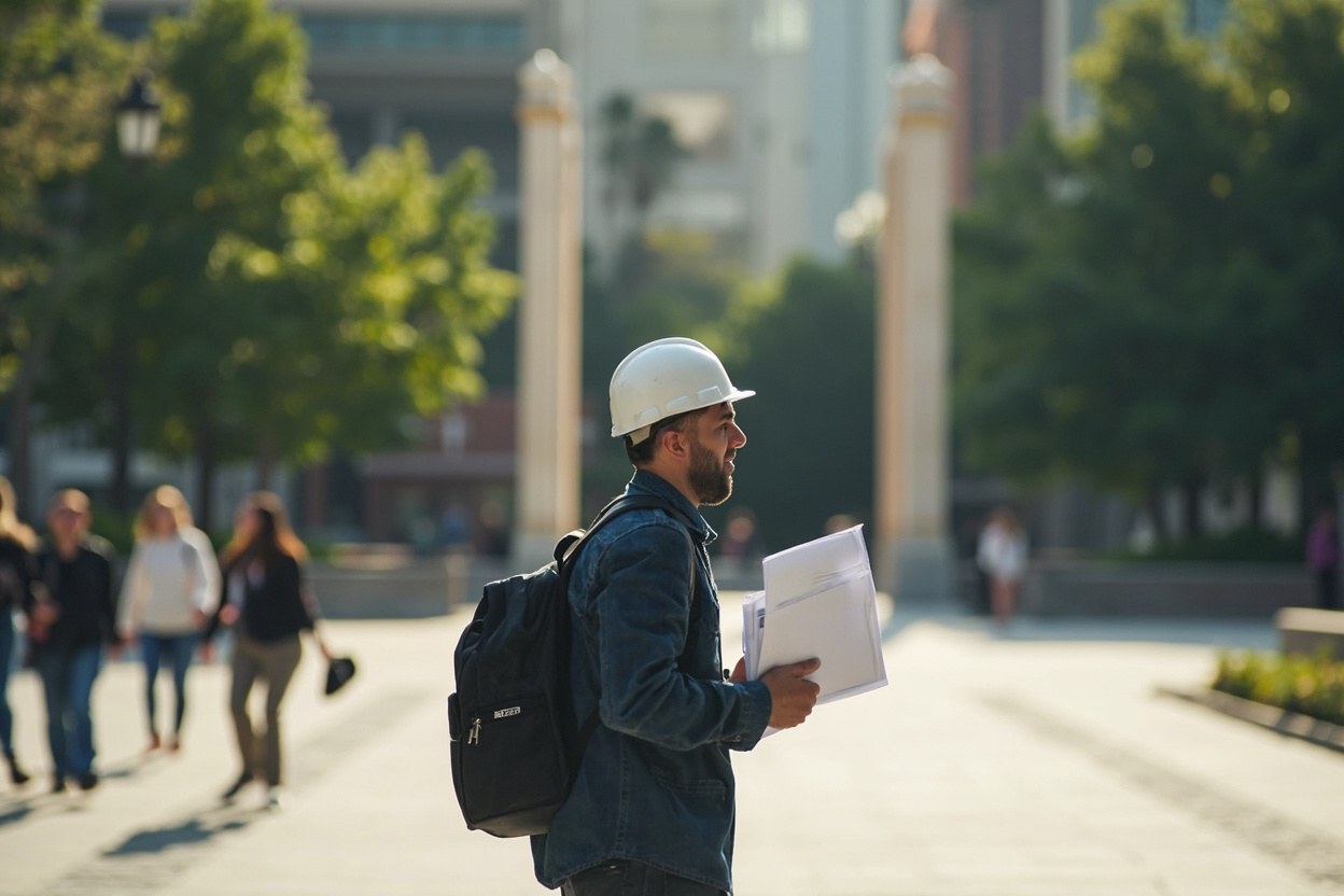 A worker walking across a city campus square at midday with a backpack and a folder under one arm