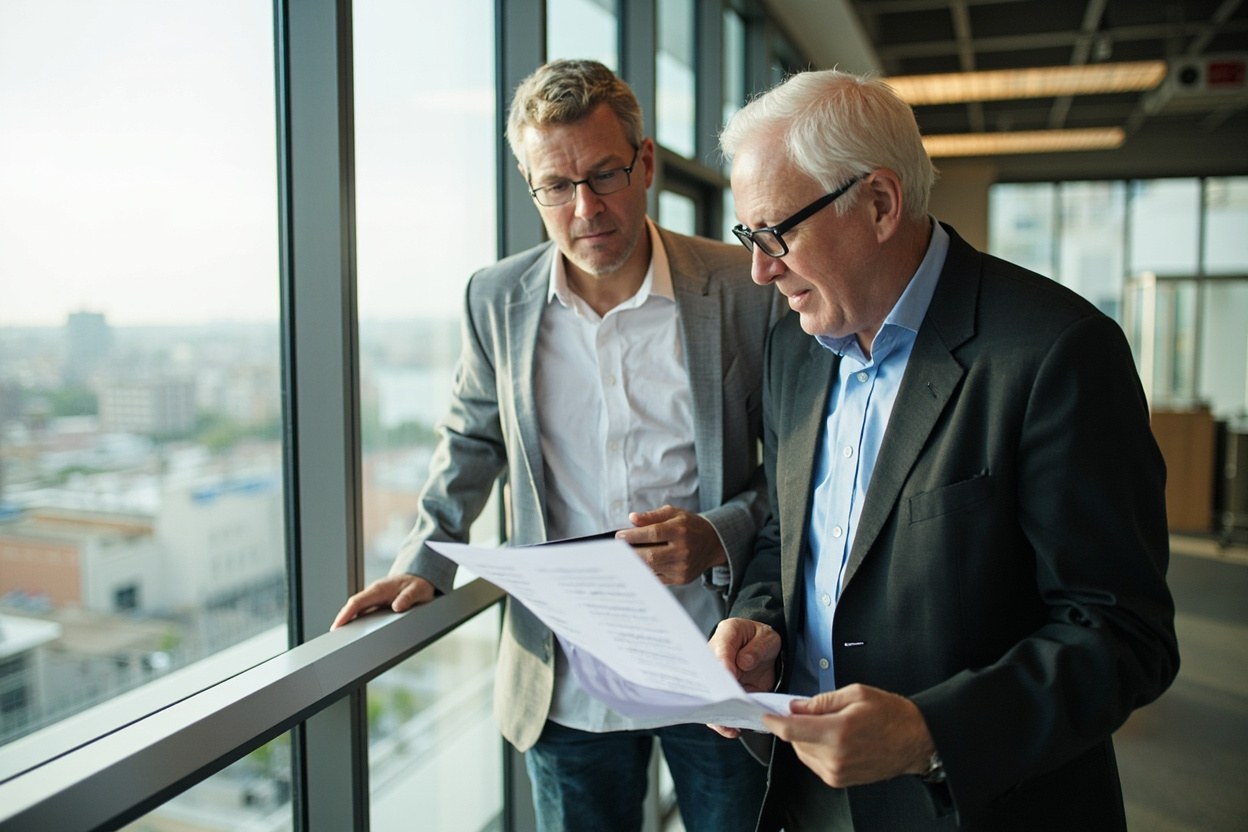 A manager and an employee standing by a window in a bright office reviewing a printed policy together