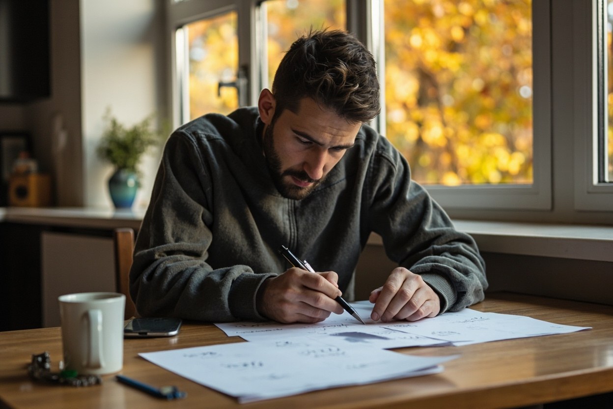 A worker at a kitchen table writes dates on a paper calendar near a coffee mug, with autumn daylight coming through the window.