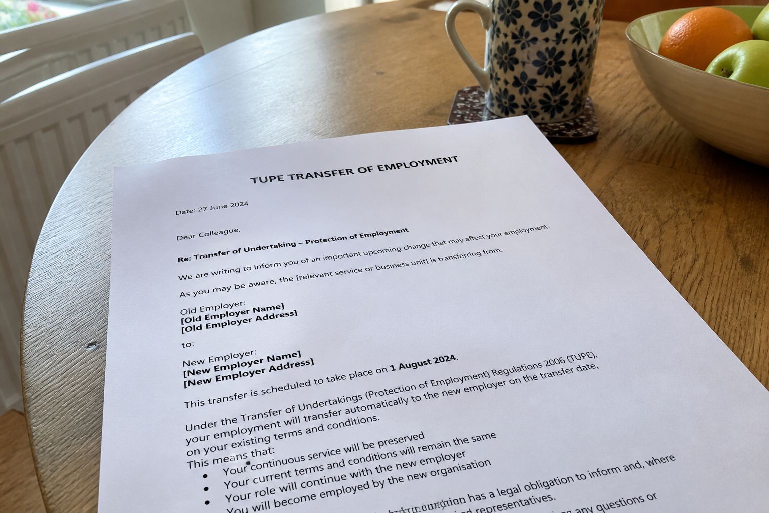 A TUPE transfer of employment letter.
