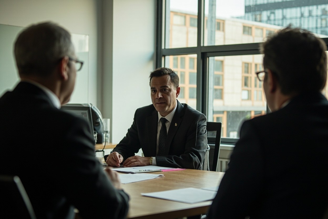 Trade union representative in a small workplace meeting room with two members, natural daylight through a tall window