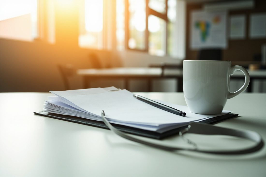 Blank printed sheets on a dark folder with a pen, a white mug and a lanyard on an office desk, with a staff noticeboard out of focus behind
