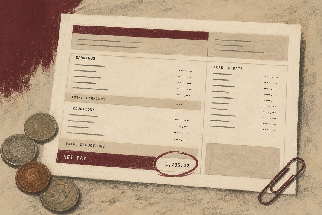 A payslip on a desk with a burgundy circle around one figure.