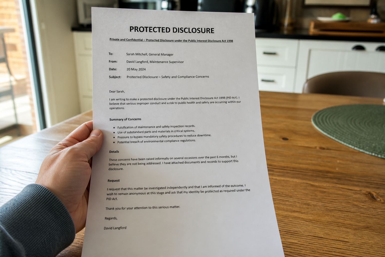 A printed protected disclosure letter.