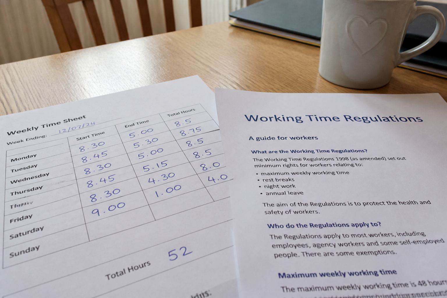A timesheet showing long hours next to a Working Time page.