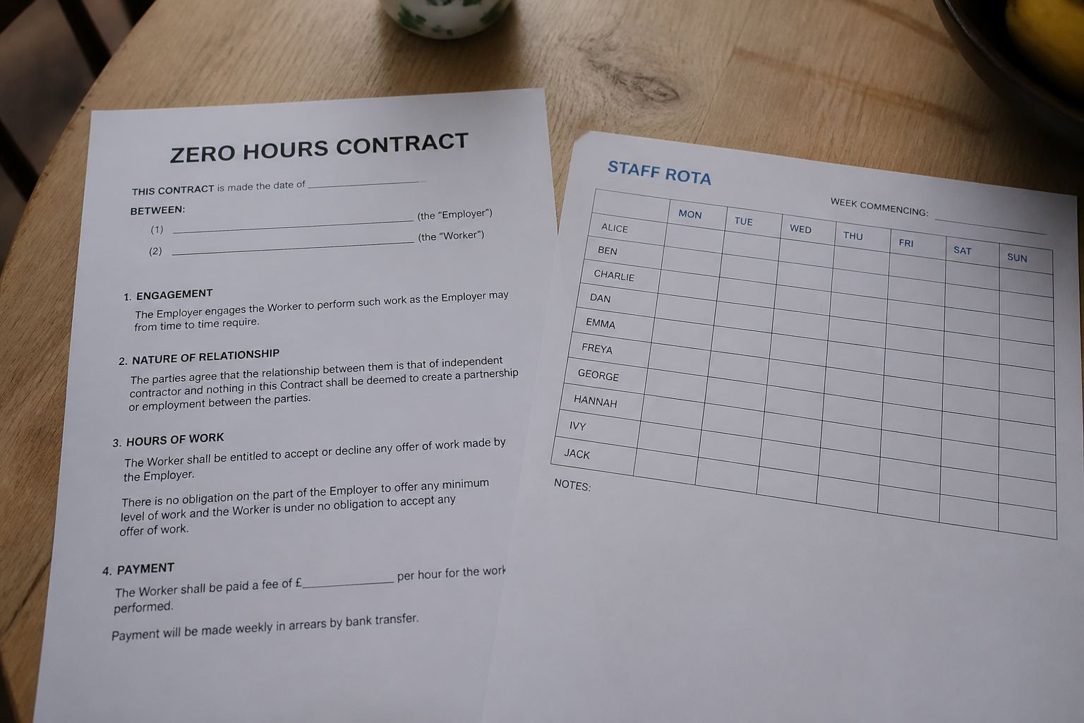 A zero hours contract next to a blank staff rota.